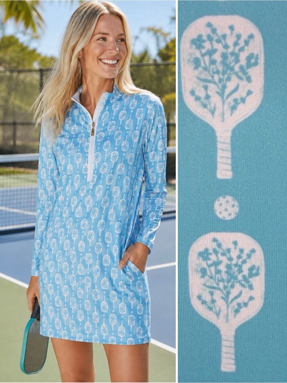 Cabana Life Light Blue Pickleball Print Long Sleeve Mini Athletic Dress XL NWT